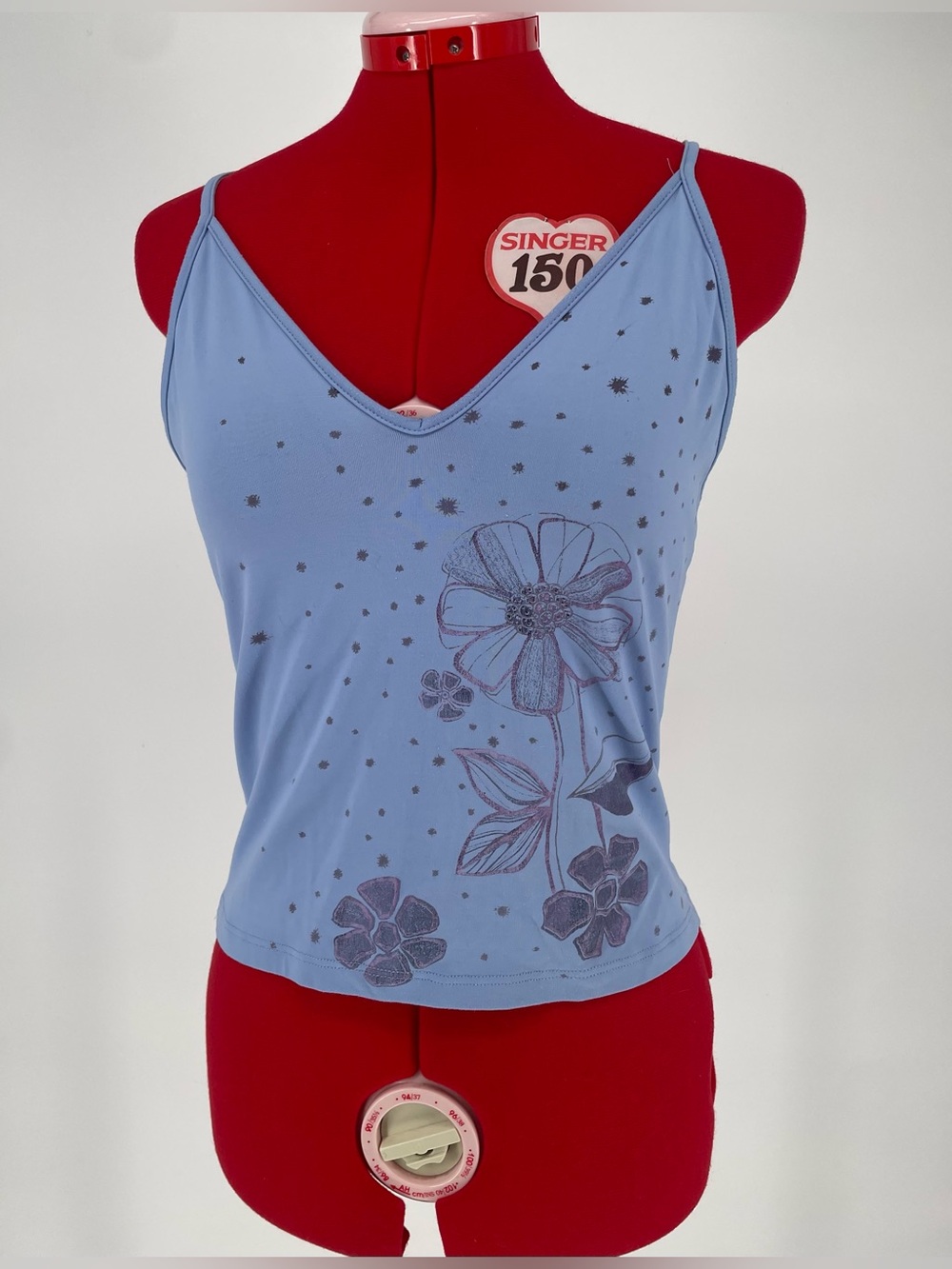 Y2K 90s Periwinkle Blue Criss Cross Strap Cropped V-neck Flower Tank Crop Top